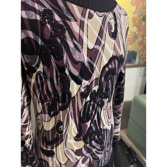 Alberto Makali Medium Beaded Turtleneck Midi Sweater Dress Brown 3D Stretch NWOT - Picture 2 of 8